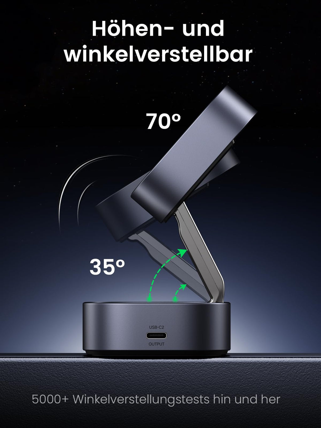 UGREEN MagFlow 2-in-1 kabelloses Ladegerät mit magnetischem Design und MagSafe-kompatiblem Ständer, mit verstellbarer Höhe und Winkel von 35° bis 70° für optimale Sicht beim stabilen Qi2 15W kabellosen Laden.