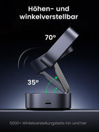 UGREEN MagFlow 2-in-1 kabelloses Ladegerät mit magnetischem Design und MagSafe-kompatiblem Ständer, mit verstellbarer Höhe und Winkel von 35° bis 70° für optimale Sicht beim stabilen Qi2 15W kabellosen Laden.
