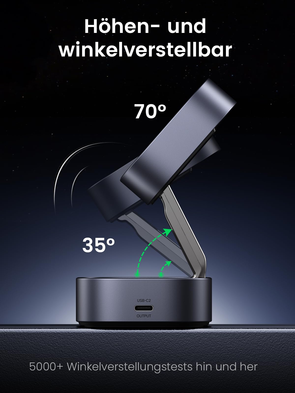 UGREEN MagFlow 2-in-1 kabelloses Ladegerät mit magnetischem Design und MagSafe-kompatiblem Ständer, mit verstellbarer Höhe und Winkel von 35° bis 70° für optimale Sicht beim stabilen Qi2 15W kabellosen Laden.