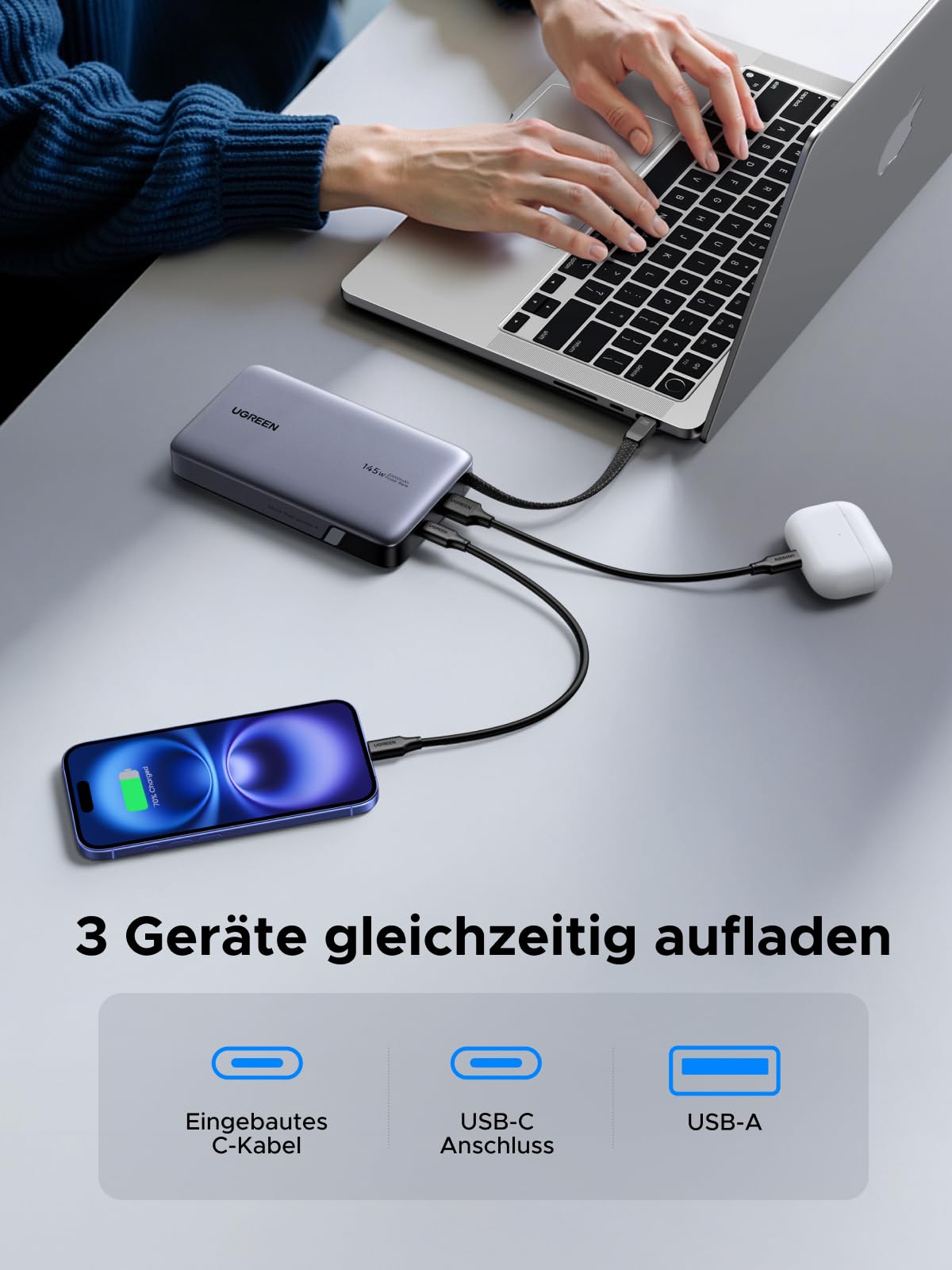 UGREEN Nexode 20000mAh Powerbank kann bis zu drei Geräte gleichzeitig aufladen und verfügt über ein eingebautes USB-C-Kabel, einen USB-C- und einen USB-A-Anschluss.