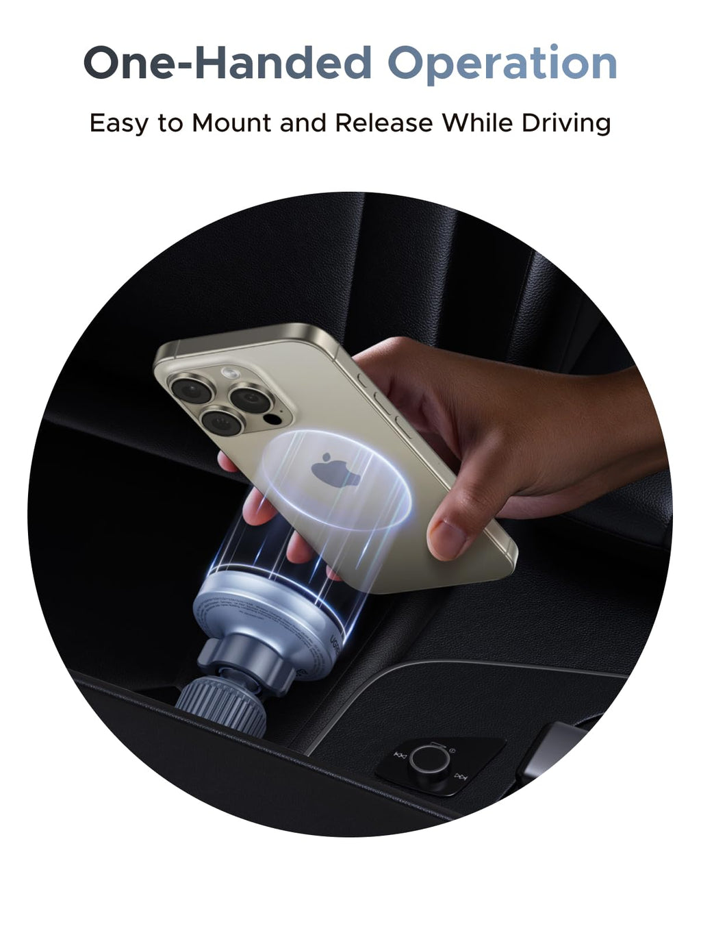 Einfaches Einsetzen und Lösen mit einer Hand dank dem UGREEN MagFlow 2-in-1 Magnetisches Kabelloses Auto-Ladegerät (Qi2 25W, MagSafe-kompatibel), einem wireless charger, der im Auto komfortable und sichere Bedienung ermöglicht