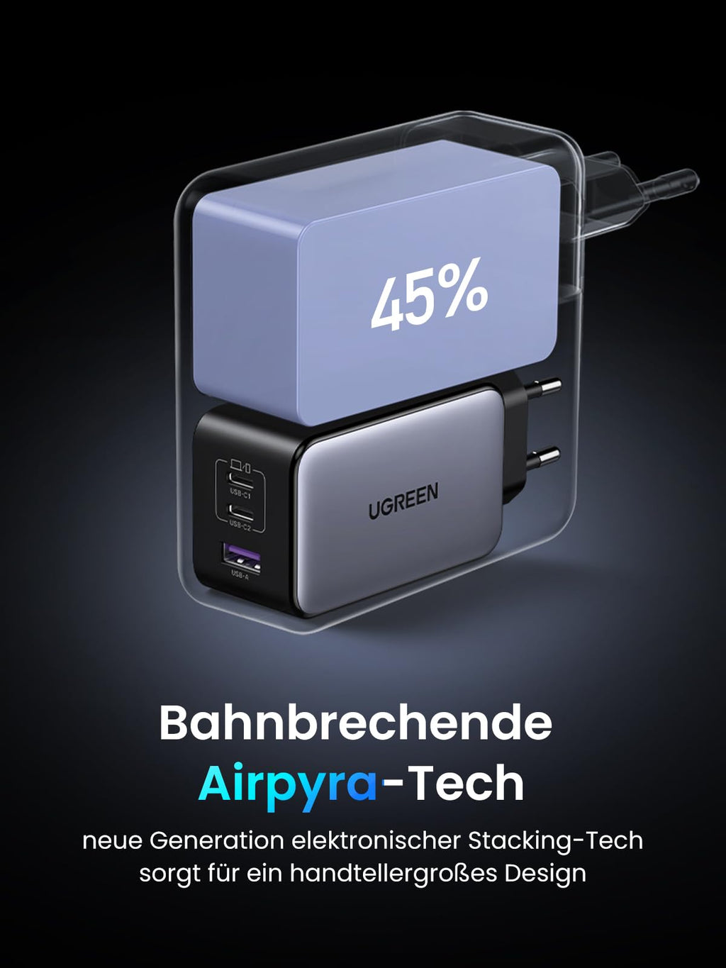 UGREEN Nexode X 100 W USB-C 3-Port GaN Ladegerät, Bahnbrechende Airpyra-Tech
