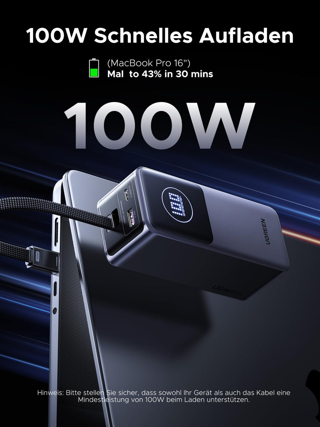 UGREEN Nexode Magnetische Kabellose Powerbank (10000mAh, 15W, MagSafe-kompatibel) unterstützt 100W schnelles Aufladen und kann ein MacBook Pro 16'' in 30 Minuten von 0 auf 43 % aufladen.
