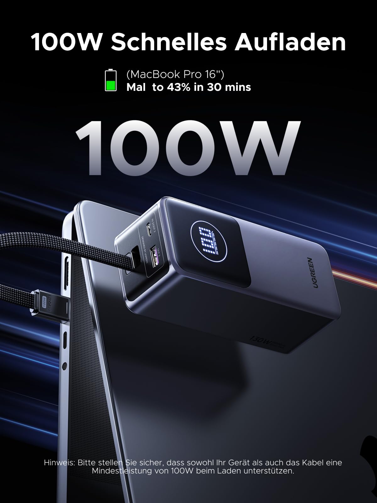 UGREEN Nexode Magnetische Kabellose Powerbank (10000mAh, 15W, MagSafe-kompatibel) unterstützt 100W schnelles Aufladen und kann ein MacBook Pro 16'' in 30 Minuten von 0 auf 43 % aufladen.