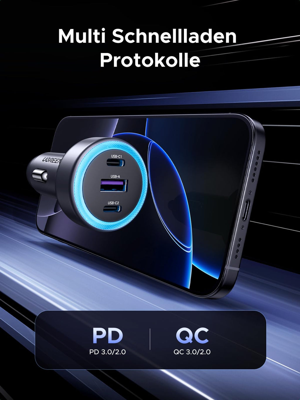 Unterstützung mehrerer Schnellladeprotokolle wie PD und QC durch das UGREEN PD Autoladegerät (30W, 3-Port, USB-C), ein kompaktes kabellos nutzbares Ladegerät, das eine stabile und magnetisch sichere Verbindung für effizientes Laden im Auto bietet