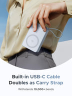 UGREEN Powerbank mit integriertem USB-C-Kabel, das auch als Trageschlaufe dient und über 10.000 Biegungen standhält.