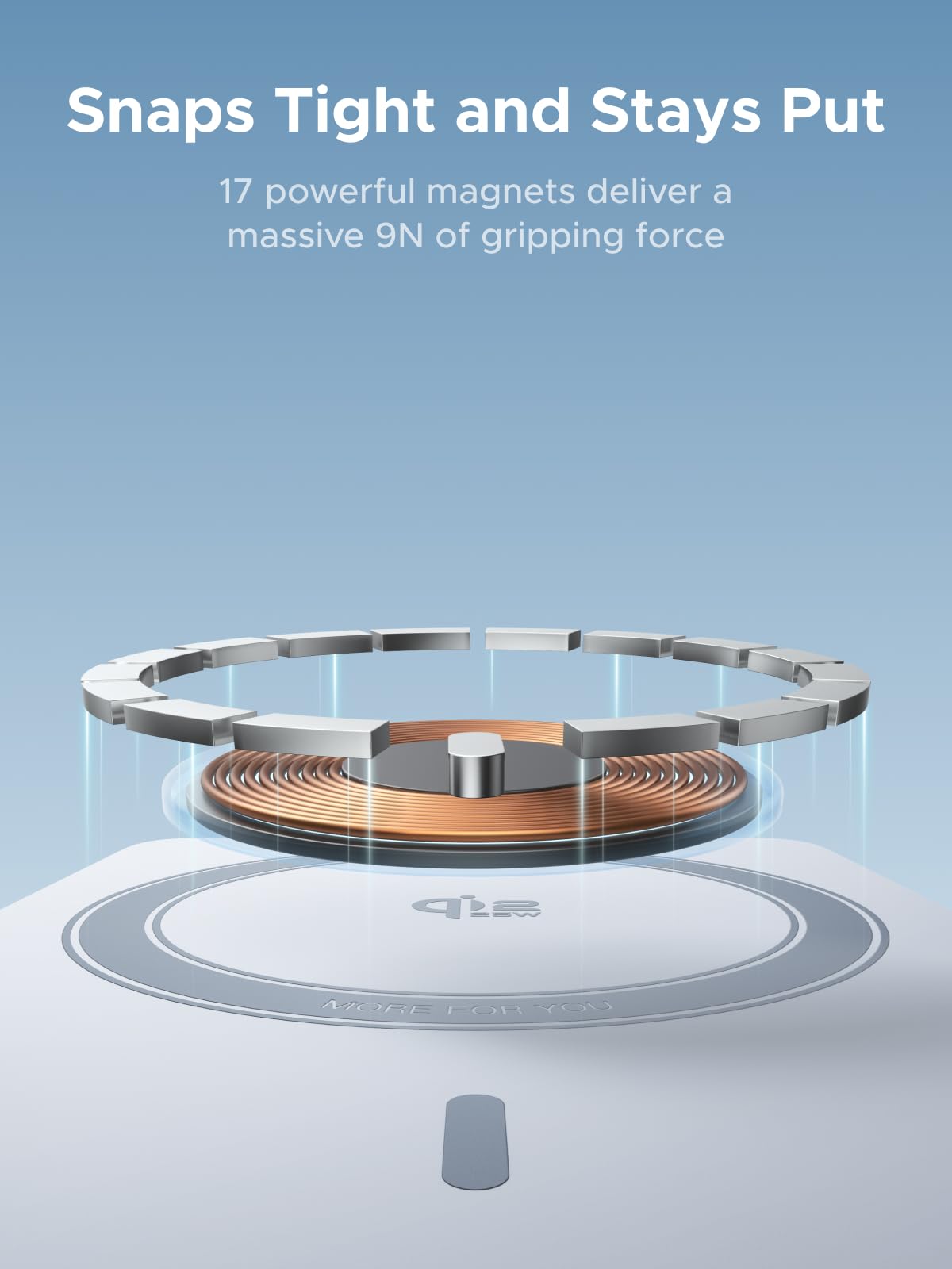 UGREEN magnetisches Powerbank haftet fest mit 17 starken Magneten und bietet 9 N Haltekraft für stabiles kabelloses Laden.