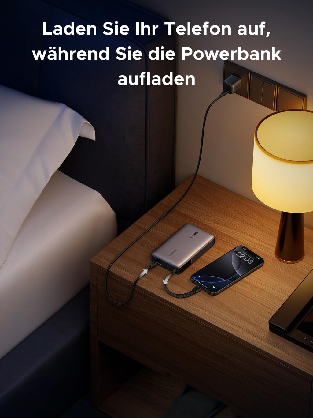 UGREEN Nexode 20000mAh Powerbank ermöglicht gleichzeitiges Aufladen des Telefons und der Powerbank für maximale Effizienz.