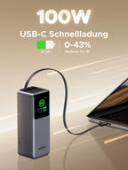 UGREEN Nexode Powerbank 20000mAh 165W mit ausziehbarem USB-C-Kabel – Reiseladegerät mit ultraschneller 100W Eingangsladung, ideal für jede Reise, 100 % aufgeladen in nur 1,9 Stunden