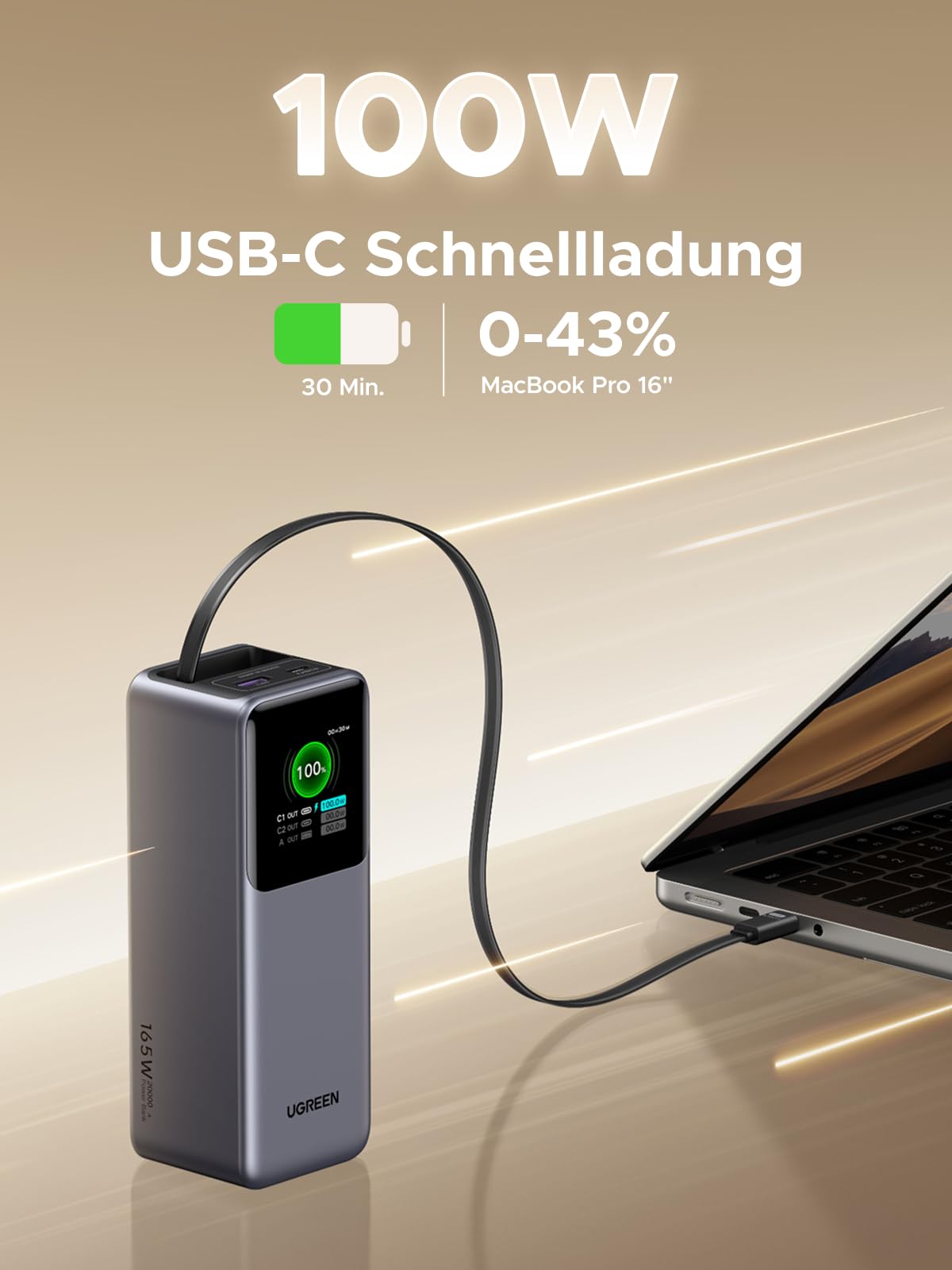 UGREEN Nexode Powerbank 20000mAh 165W mit ausziehbarem USB-C-Kabel – Reiseladegerät mit ultraschneller 100W Eingangsladung, ideal für jede Reise, 100 % aufgeladen in nur 1,9 Stunden