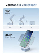 Flexible 70°-Neigung und 360°-iPhone-Drehung mit dem UGREEN MagFlow 2-in-1 Magnetisches Kabelloses Ladegerät (Qi2 25W, MagSafe-kompatibel), einem wireless charger mit stabiler MagSafe-Ausrichtung für vielseitiges Aufladen