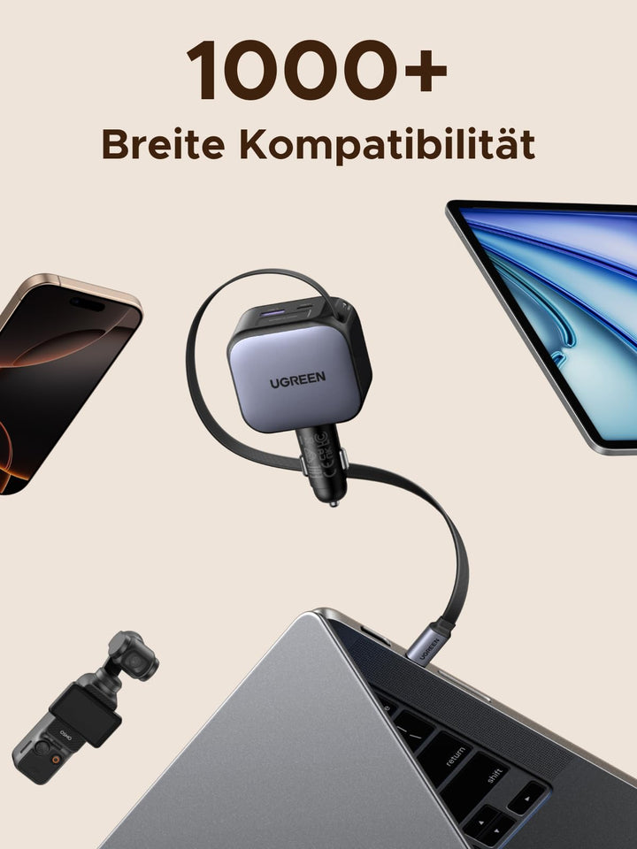 UGREEN Nexode Autoladegerät 90W mit ausziehbarem USB-C-Kabel ist ein vielseitiges Reiseladegerät (travel charger), das mit über 1000 Geräten kompatibel ist – ideal für unterwegs.