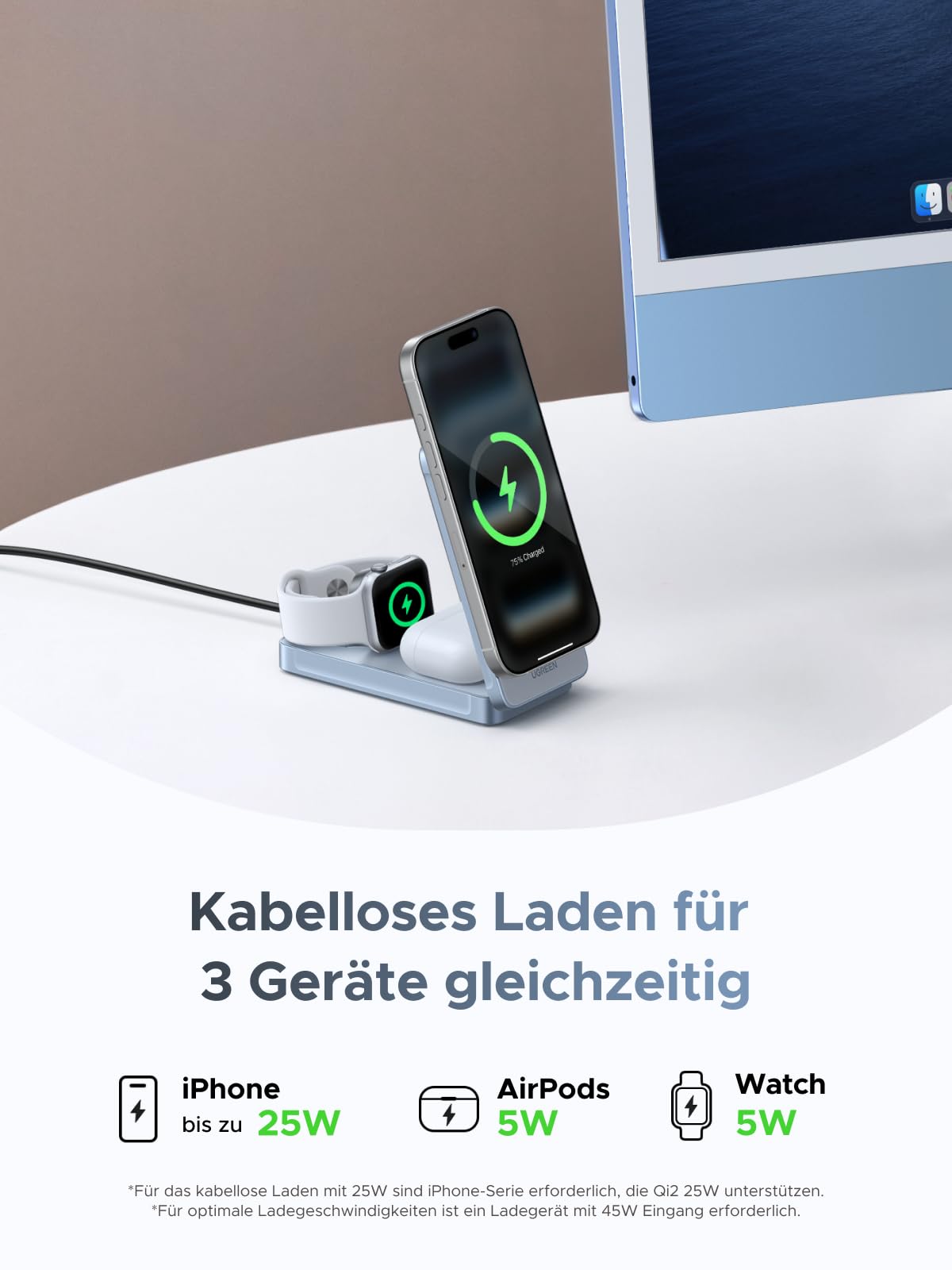 Dreifaches kabelloses Laden mit dem UGREEN MagFlow 3-in-1 Magnetisches Kabelloses Desktop Ladegerät (Qi2 25W), einem wireless charger, der bis zu 25W für iPhone, 5W für AirPods und 5W für die Watch sowie einen zusätzlichen 10W-USB-C-Port bietet