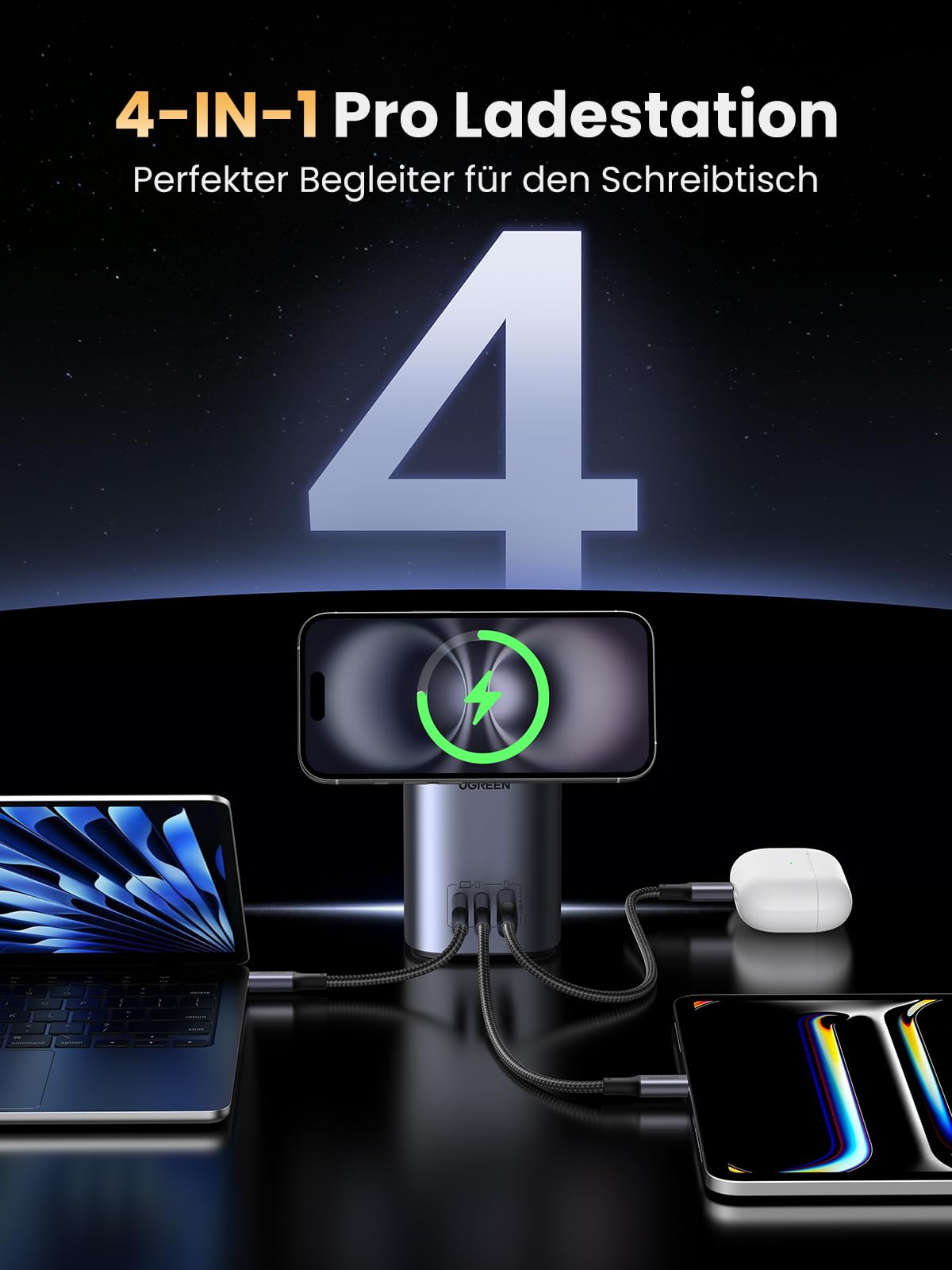 4-in-1-Pro-Ladestation UGREEN Nexode USB-C Ladegerät (65W, 4-IN-1, Qi2) als idealer Schreibtischbegleiter mit kabellos magnetisch Ladepad für komfortables MagSafe Laden und mehreren Ports für effizientes Arbeiten