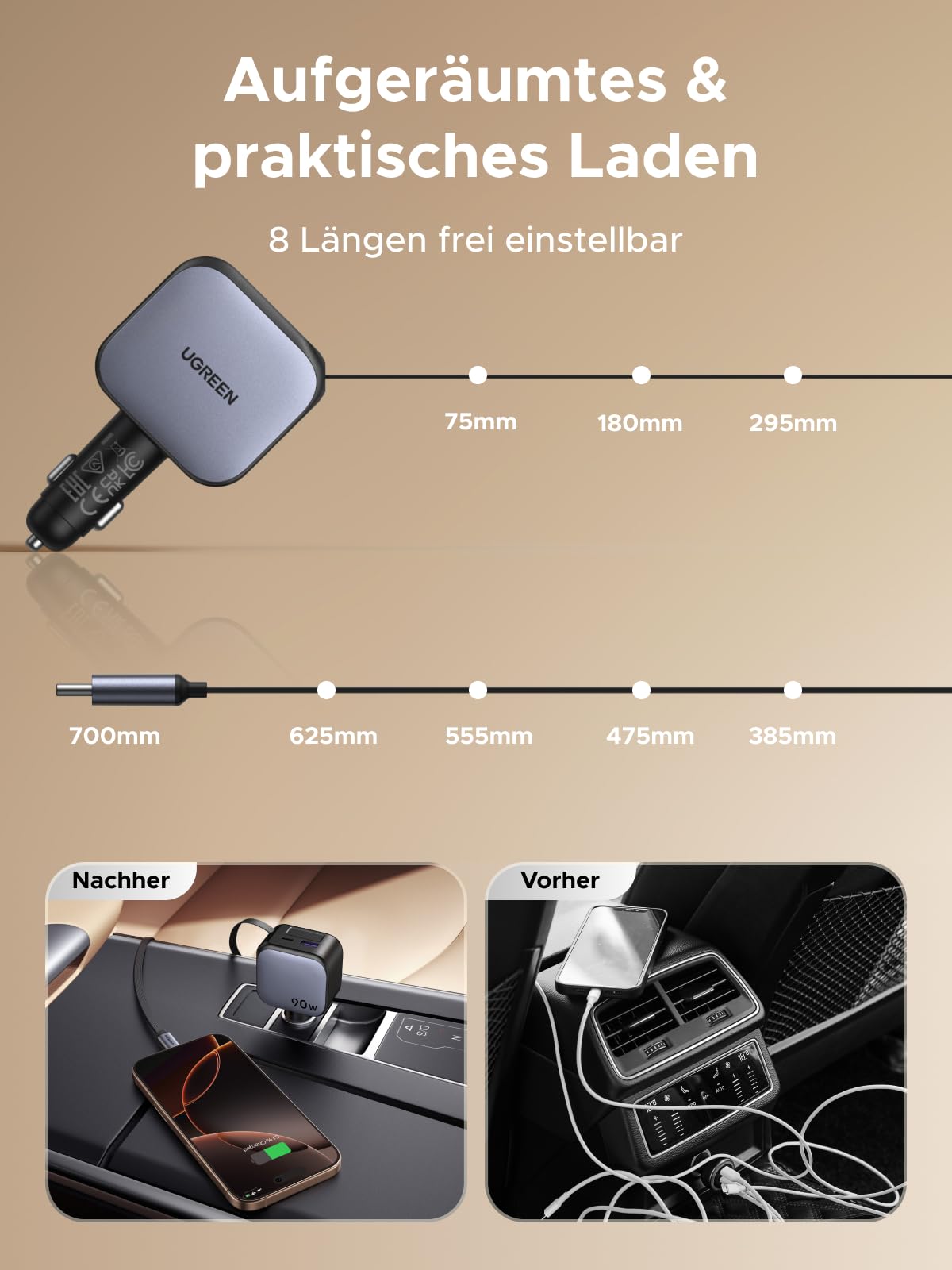 Vor dem Einsatz des UGREEN Nexode 90W Reiseladegeräts mit ausziehbarem USB-C-Kabel herrschte Kabelsalat im Auto; dank 8 einstellbarer Längen sorgt dieses Reiseladegerät nun für eine ordentliche und organisierte Ladeumgebung unterwegs.