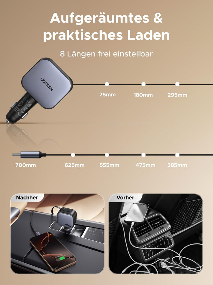 Vor dem Einsatz des UGREEN Nexode 90W Reiseladegeräts mit ausziehbarem USB-C-Kabel herrschte Kabelsalat im Auto; dank 8 einstellbarer Längen sorgt dieses Reiseladegerät nun für eine ordentliche und organisierte Ladeumgebung unterwegs.