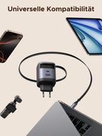 UGREEN Nexode 65W Reiseladegerät mit ausziehbarem USB-C-Kabel – kompaktes Reiseladegerät mit universeller Kompatibilität für vielfältige Geräte wie Smartphones, Tablets, Laptops und mehr, ideal für jede Reise.
