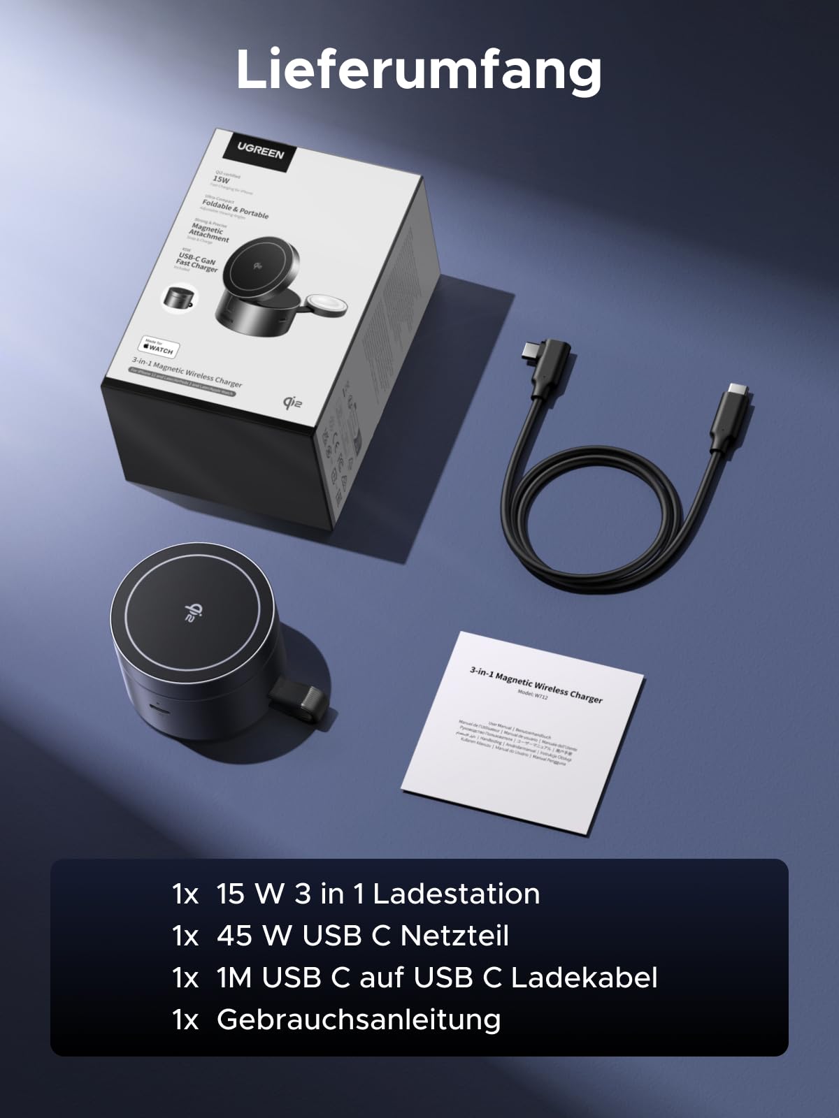 Lieferumfang des UGREEN MagFlow 3-in-1 Magnetisches Kabelloses Ladegerät (Qi2 15W, MagSafe-kompatibel) mit wireless charger, 45W USB-C Netzteil, USB-C Kabel und Gebrauchsanleitung für sofortiges Laden