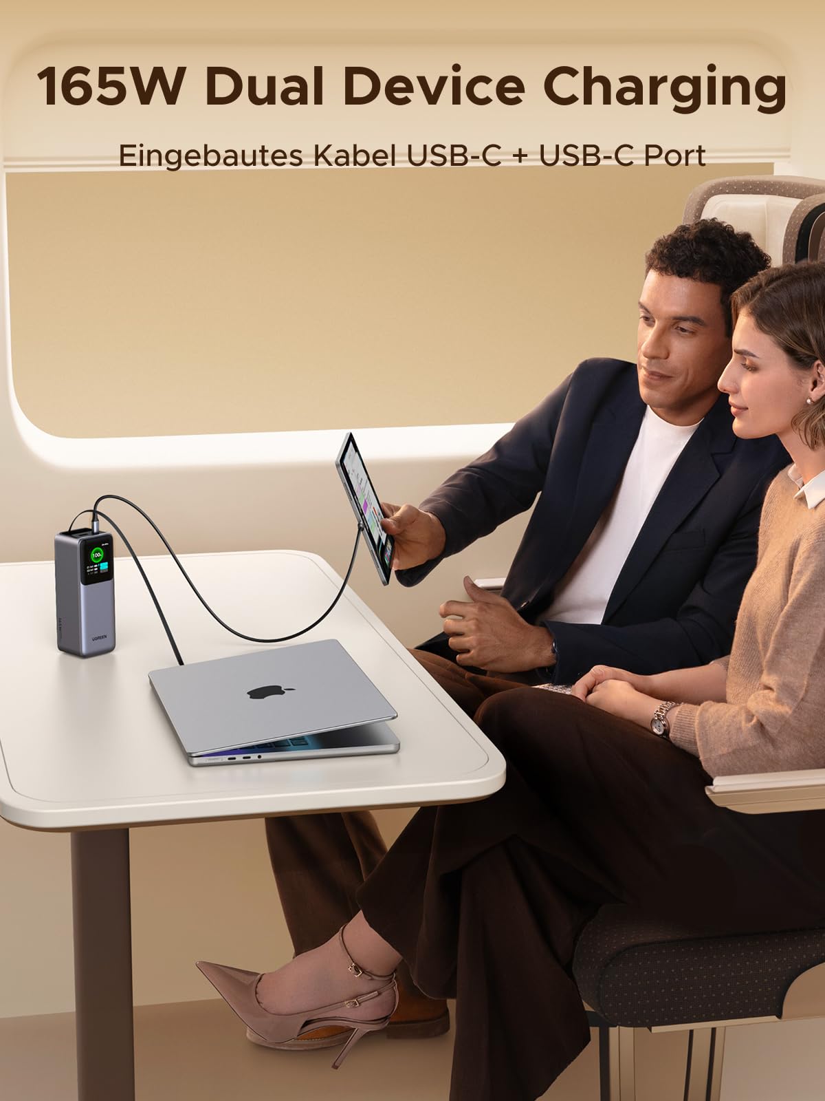 UGREEN Nexode Powerbank 20000mAh 165W mit ausziehbarem USB-C-Kabel – Reiseladegerät mit 2-Port-Ausgang bis zu 165W (USB-C1 100W MAX, USB-C2 65W MAX, USB-A 22,5W/33W MAX, USB-C2+USB-A 20W MAX), ideal für jede Reise