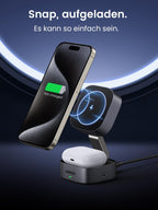 UGREEN MagFlow 2-in-1 kabelloses Ladegerät mit starker magnetischer Ausrichtung, vollständig MagSafe-kompatibel, ermöglicht iPhone und AirPods sofortiges Qi2 15W kabelloses Laden durch einfaches Andocken für müheloses, freihändiges Laden.