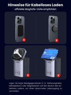 Hinweise zum sicheren kabellos magnetisch Laden mit dem UGREEN Nexode USB-C Ladegerät (65W, 4-IN-1, Qi2), das für MagSafe empfohlen wird und vor Metallobjekten oder Magnetkarten im Ladebereich warnt