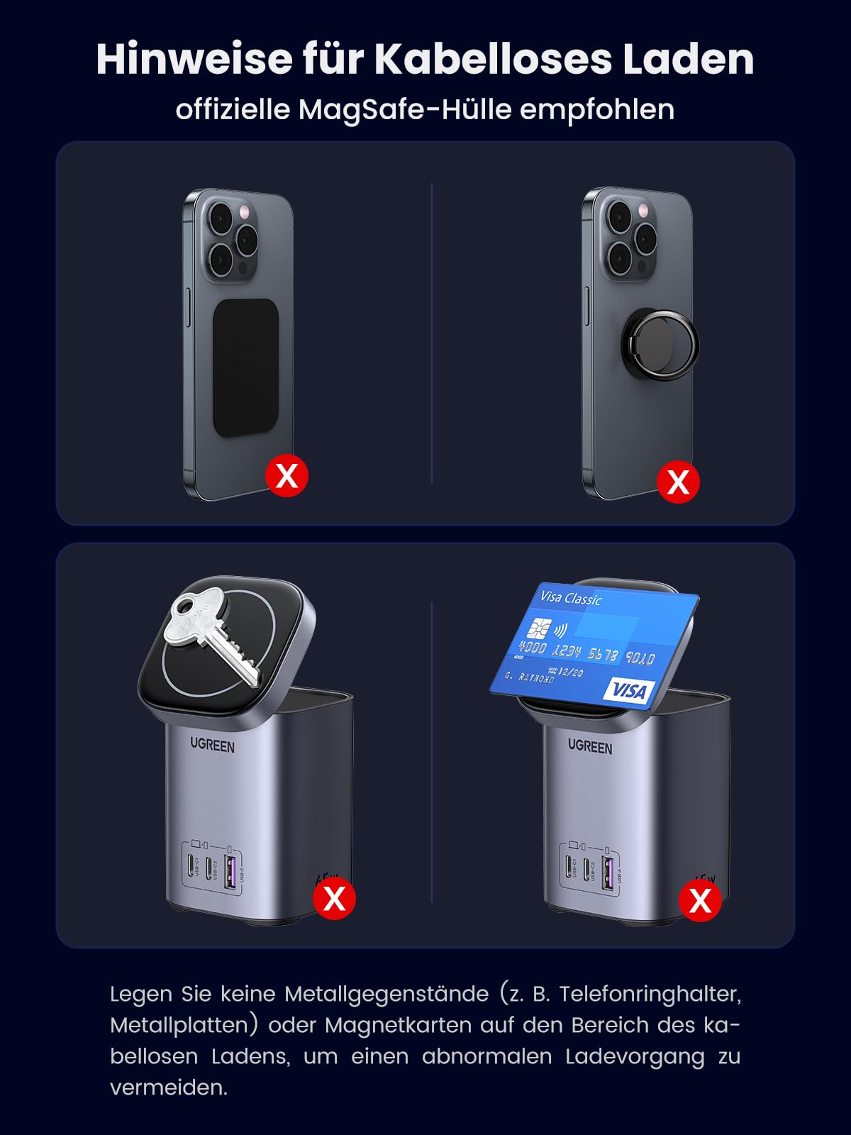 Hinweise zum sicheren kabellos magnetisch Laden mit dem UGREEN Nexode USB-C Ladegerät (65W, 4-IN-1, Qi2), das für MagSafe empfohlen wird und vor Metallobjekten oder Magnetkarten im Ladebereich warnt