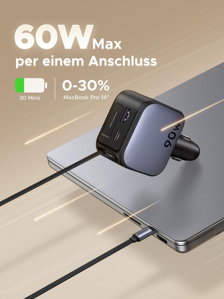 UGREEN Nexode Autoladegerät 90W mit ausziehbarem USB-C-Kabel und Dual-Port-Ausgang bietet bis zu 60W pro Anschluss – lädt ein MacBook Pro 14'' in 30 Minuten auf 30 % – ein zuverlässiges Reiseladegerät für mehrere Geräte unterwegs.