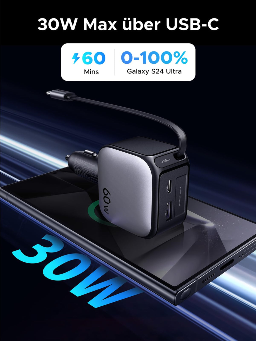 UGREEN Nexode Auto-Ladegerät 60W mit ausziehbarem USB-C-Kabel lädt das Galaxy S24 Ultra dank 30W Power Delivery über das integrierte USB-C-Kabel in nur 60 Minuten von 0 % auf 100 % – ideal für schnelles und effizientes Laden im Auto.