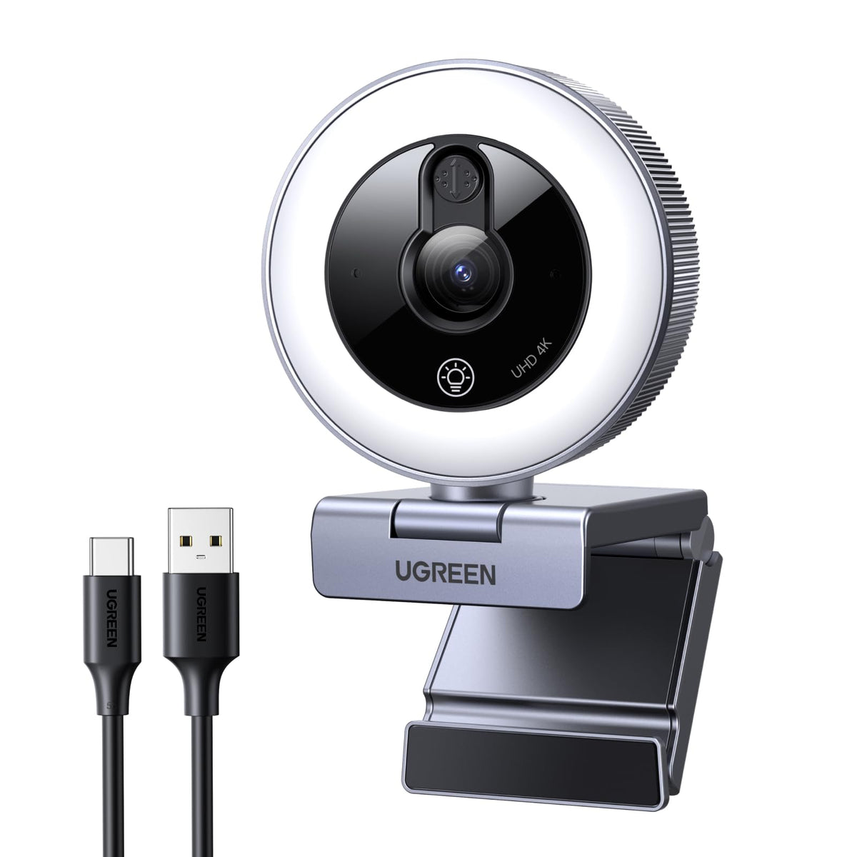 UGREEN 4K Webcam mit Ringlicht, Autofokus, Objektivdeckel, 6 Lichtstufen