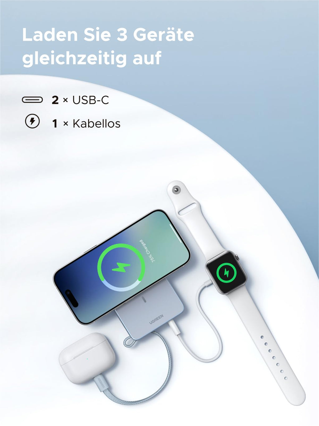 Die UGREEN MagFlow Powerbank kann gleichzeitig drei Geräte laden – über zwei USB-C-Anschlüsse und ein MagSafe-kompatibles kabelloses Ladepad für Smartphone, Ohrhörer und Smartwatch.