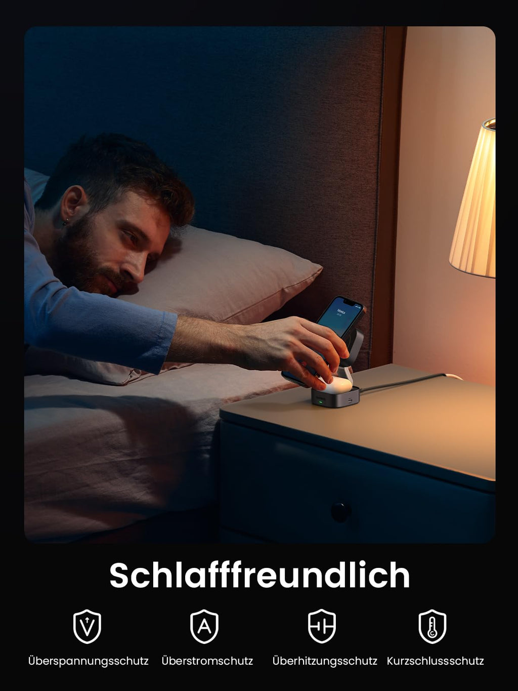 UGREEN MagFlow 2-in-1 kabelloses Ladegerät mit magnetischem Design und MagSafe-kompatibler Unterstützung, bietet Qi2 15W kabelloses Laden und umfassenden Schutz vor Überspannung, Überstrom, Überhitzung und Kurzschluss für sicheres Laden über Nacht.