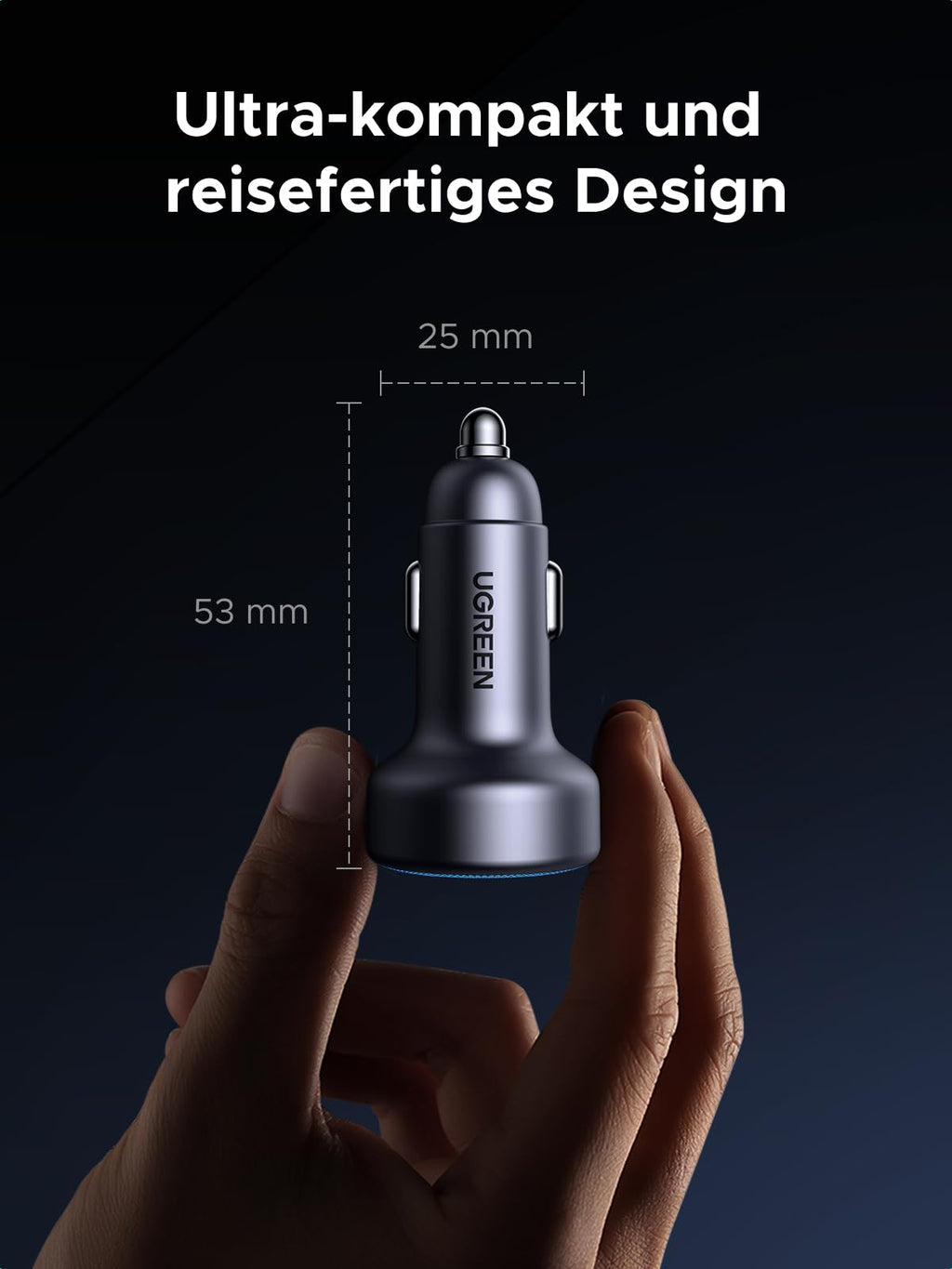 Ultrakompaktes 53×25-mm-Design des UGREEN PD Autoladegerät (30W, 3-Port, USB-C), ein tragbares kabellos nutzbares Ladegerät mit magnetisch sicherem Halt, ideal für Reisen und den täglichen Einsatz im Auto