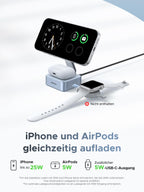 iPhone und AirPods gleichzeitig mit dem UGREEN MagFlow 2-in-1 Magnetisches Kabelloses Ladegerät (Qi2 25W, MagSafe-kompatibel) aufladen, einem wireless charger mit MagSafe-Unterstützung, der 25W für iPhone, 5W für AirPods und einen zusätzlichen 5W-USB-C-Ausgang bietet