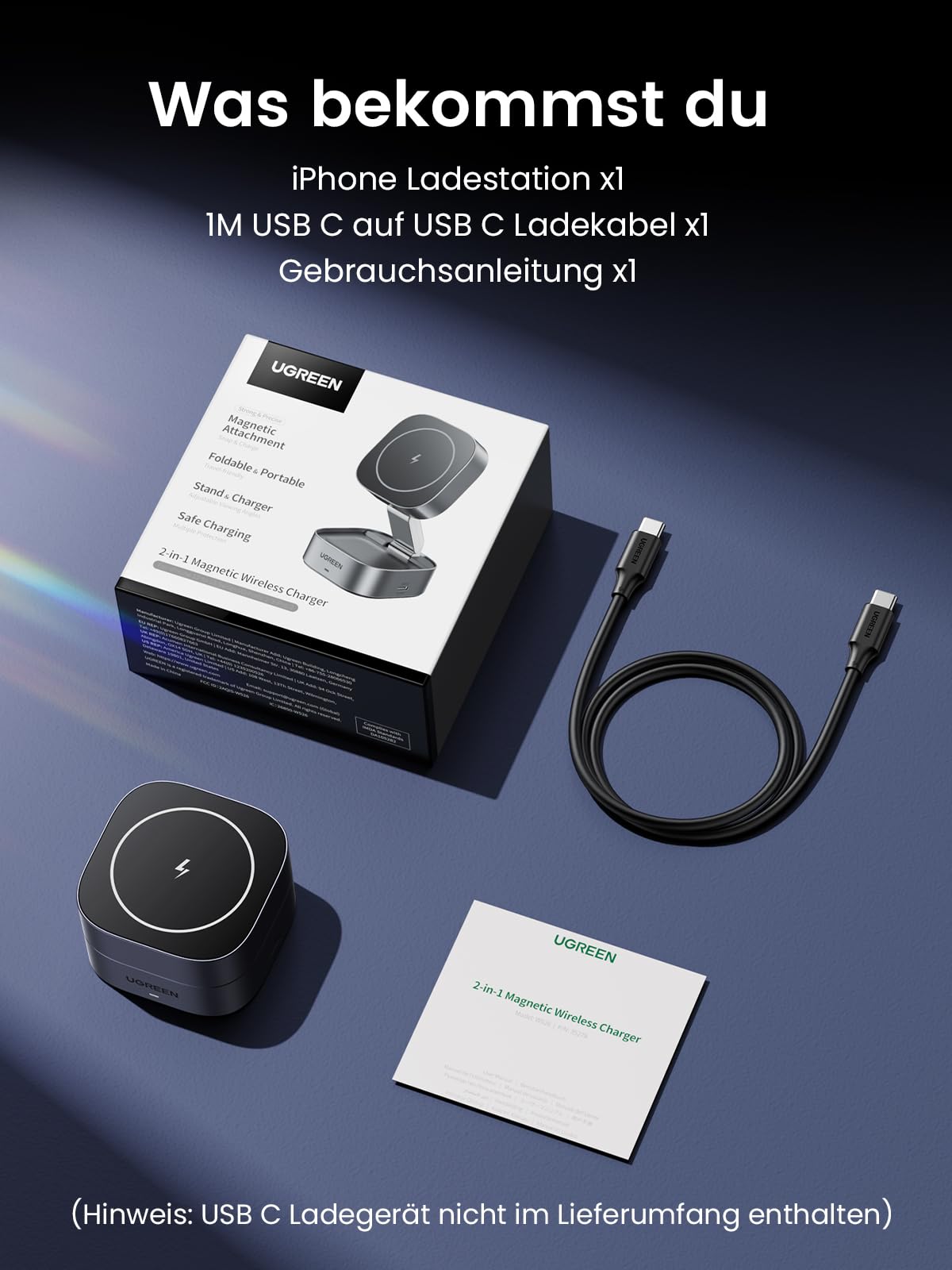 Lieferumfang des UGREEN MagFlow 2-in-1 kabellosen Ladegeräts: magnetisches, MagSafe-kompatibles Ladegerät, USB-C-Ladekabel und Bedienungsanleitung, unterstützt Qi2 15W kabelloses Laden für bequemes und schnelles Aufladen.