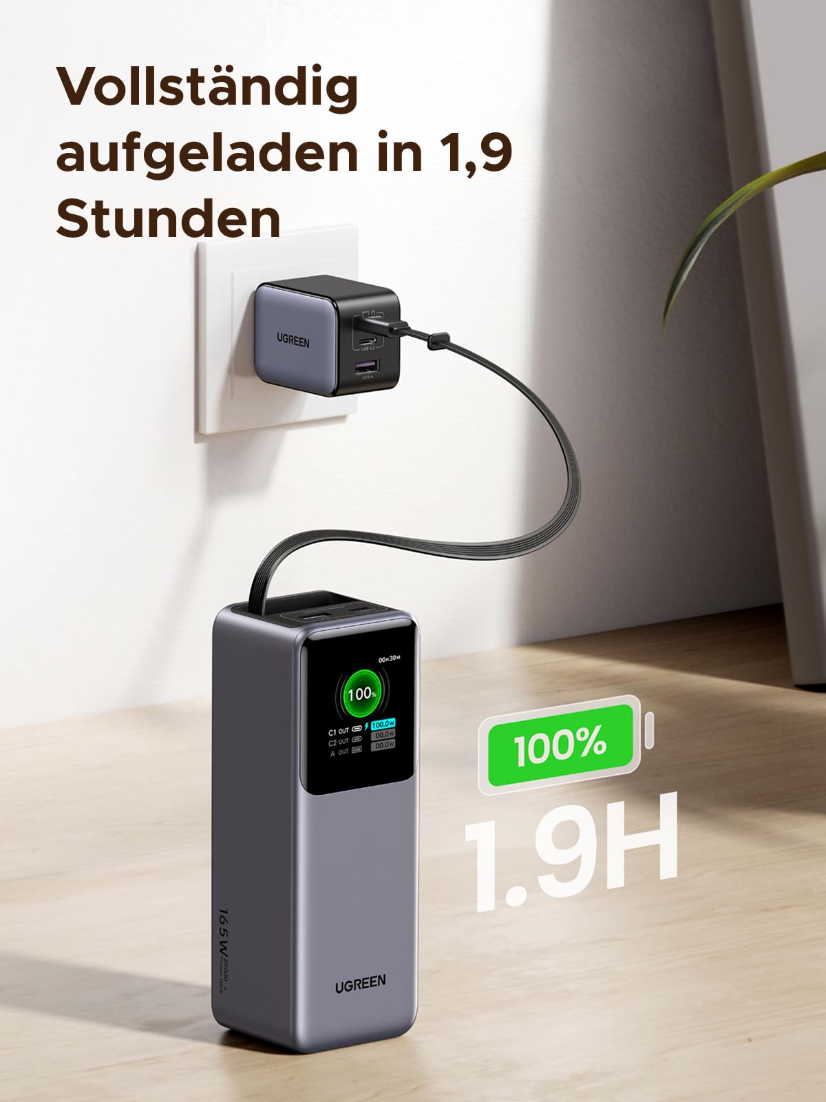 UGREEN Nexode Powerbank 20000mAh 165W mit ausziehbarem USB-C-Kabel – Reiseladegerät für jede Reise mit ultraschneller 100W Eingangsladung und vollständiger Aufladung in nur 1,9 Stunden