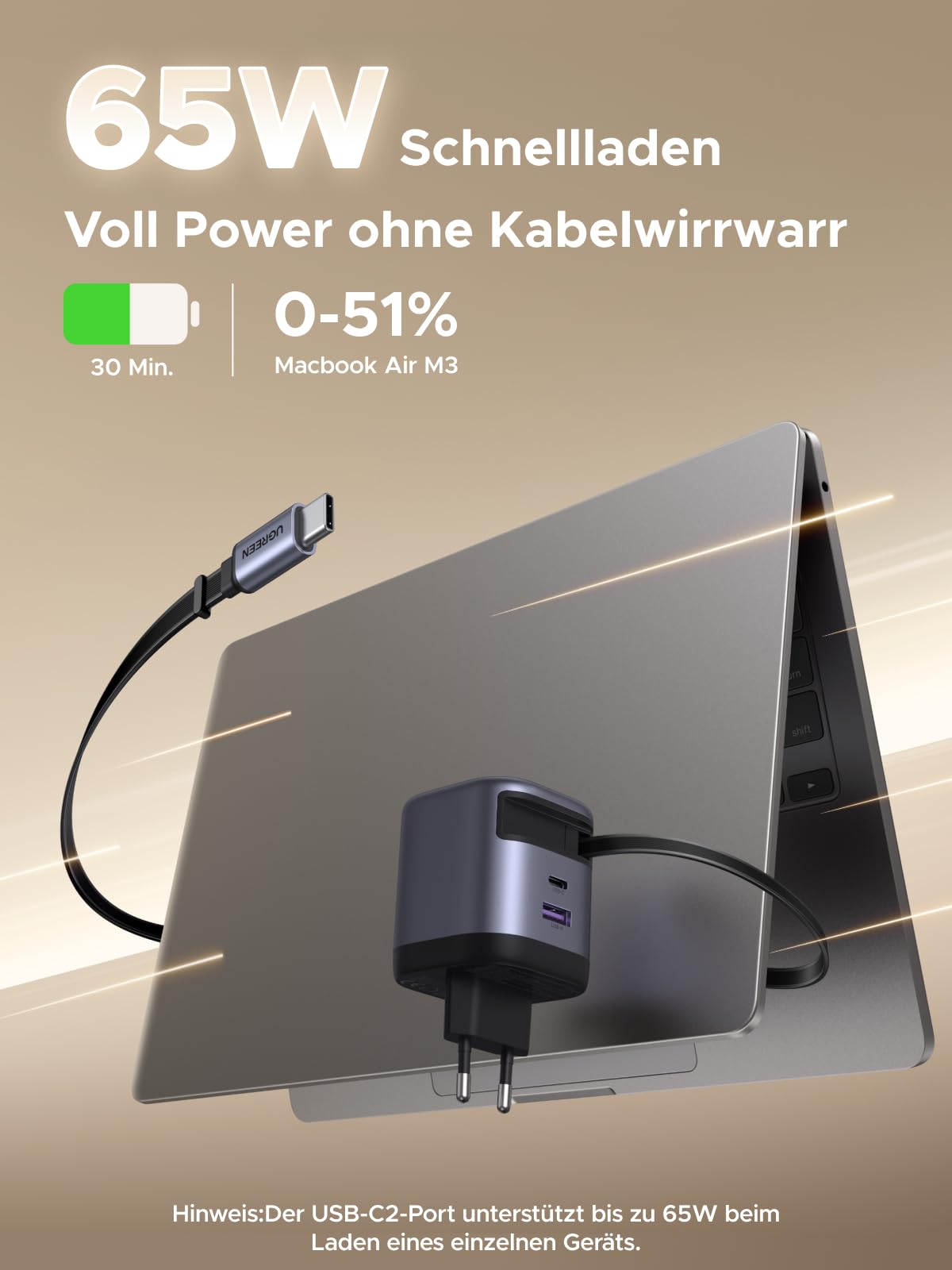 UGREEN Nexode 65W Reiseladegerät mit ausziehbarem USB-C-Kabel – kompaktes Reiseladegerät mit 65W Max Ausgang, integriertem Kabel mit bis zu 60W, lädt iPhone 16 Pro Max in 30 Minuten auf 55 % und MacBook Air M3 auf 51 %.