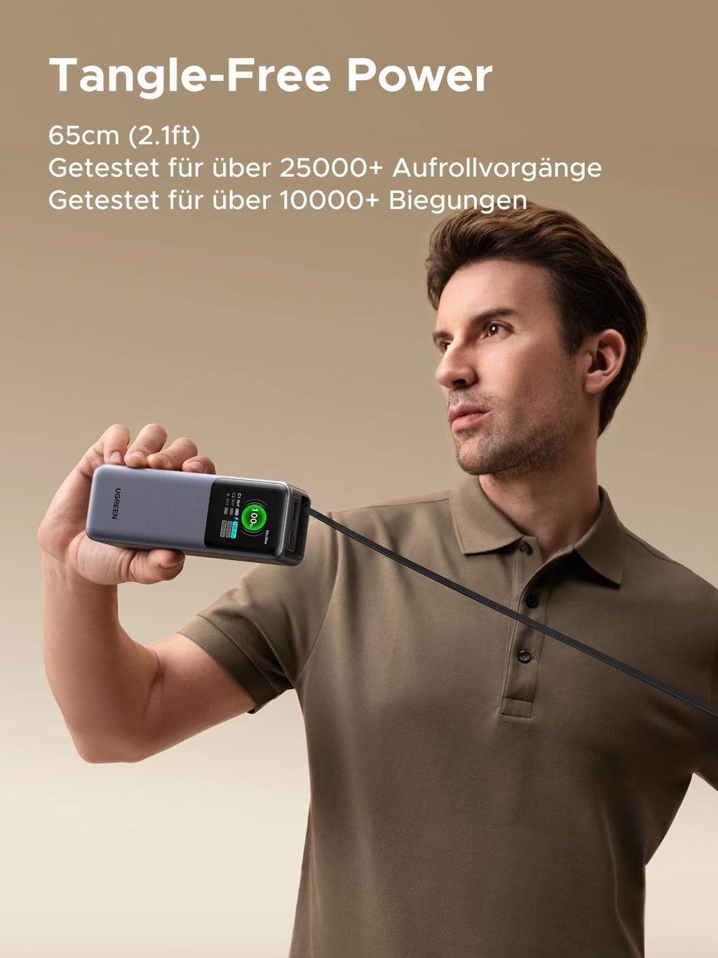 UGREEN Nexode Powerbank 20000mAh 165W mit ausziehbarem USB-C-Kabel – kompaktes und praktisches Reiseladegerät für jede Reise, getestet mit über 25000 Einzügen und 10000 Biegungen