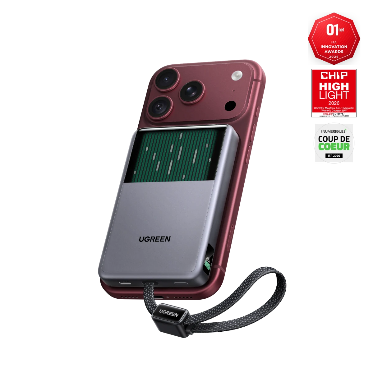 UGREEN MagFlow Pro Magnetische Powerbank (10.000 mAh, Qi2 25 W, integriertes 45-W-USB-C-Kabel)
