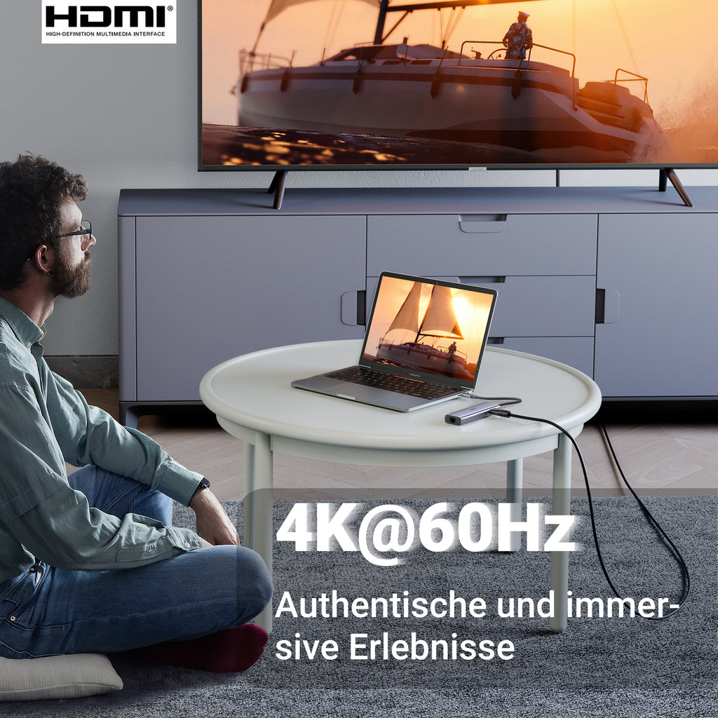 Der UGREEN Revodok HDMI USB-C Hub (7-IN-1, 4K@60Hz, 1000Mbit/s) bietet als kompakte dockingstation eine klare 4K-@60Hz-Ausgabe für authentische und immersive Seherlebnisse.