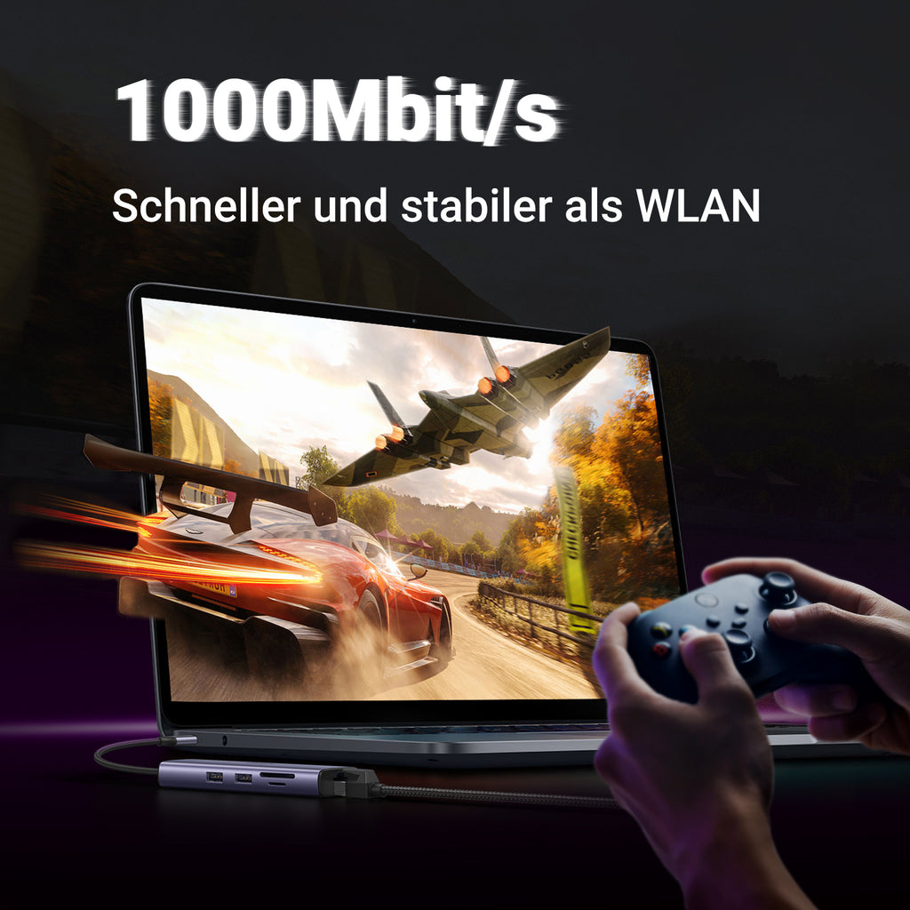 Der UGREEN Revodok HDMI USB-C Hub (7-IN-1, 4K@60Hz, 1000Mbit/s) verfügt als stabile dockingstation über einen 1000Mbit/s-Ethernet-Port, der schneller und zuverlässiger als WLAN arbeitet.