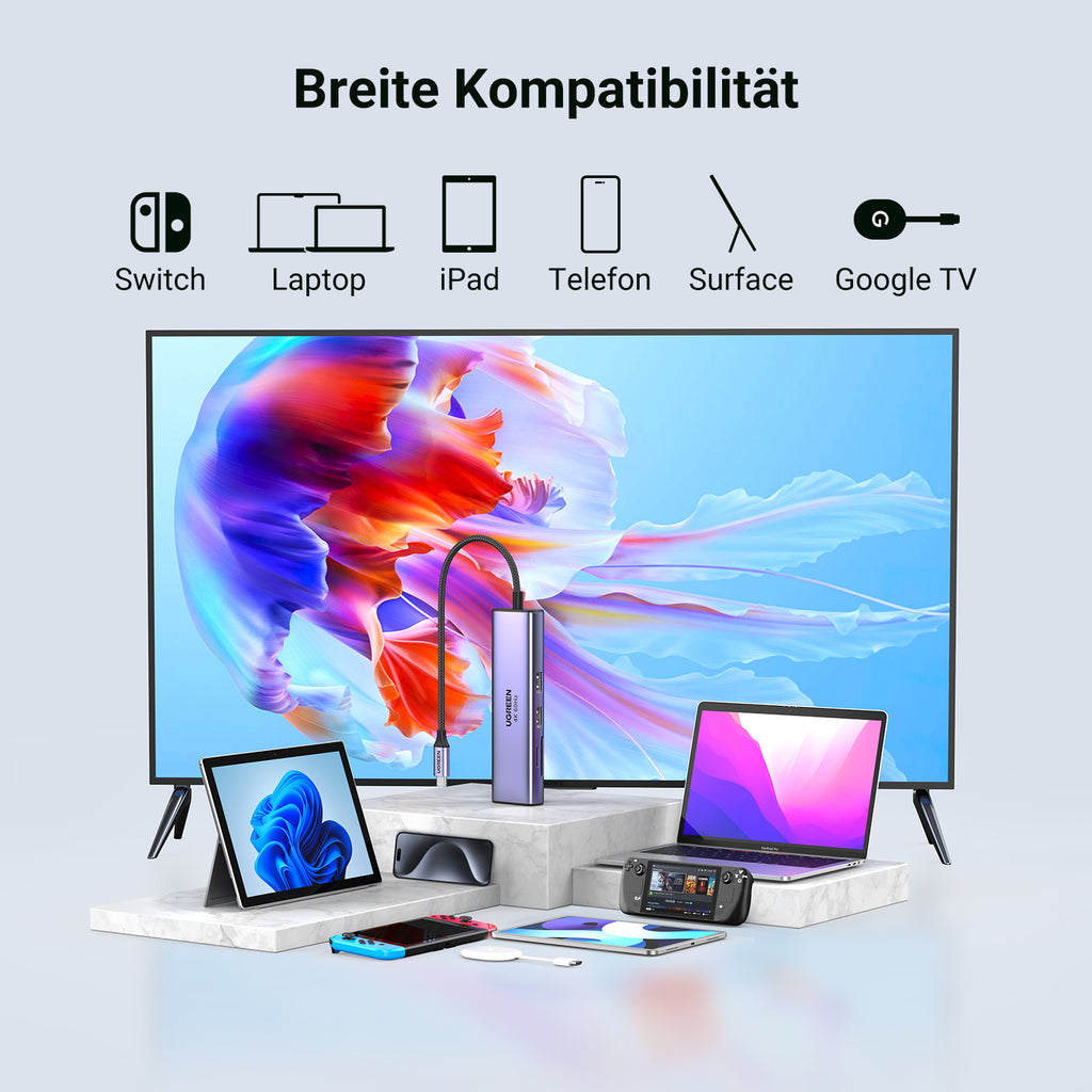 Der UGREEN Revodok HDMI USB-C Hub (7-IN-1, 4K@60Hz, 1000Mbit/s) fungiert als flexible dockingstation und ist mit Geräten wie Switch, Laptops, iPads, Smartphones, Surface-Modellen und Google TV breit kompatibel.