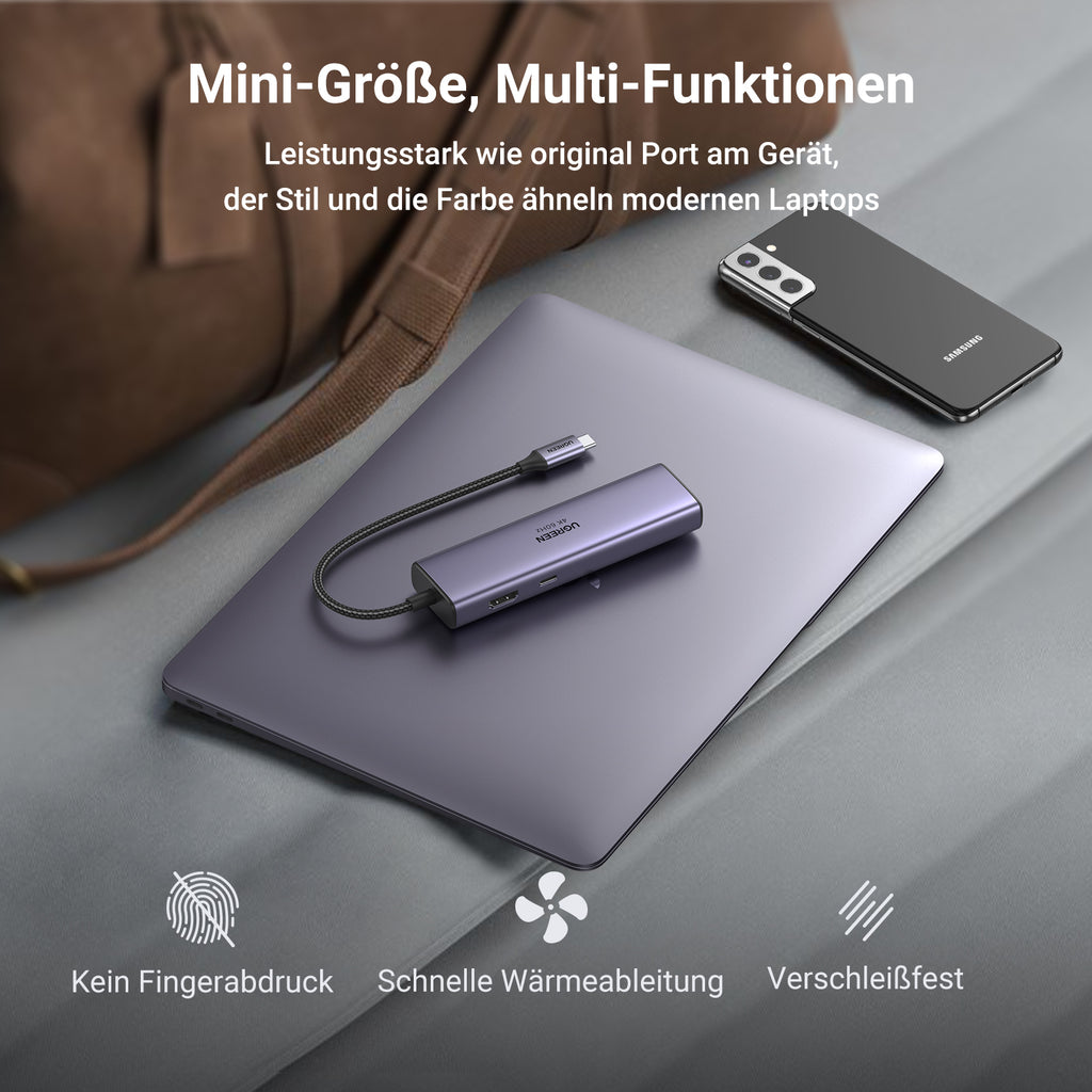 Der UGREEN Revodok HDMI USB-C Hub (7-IN-1, 4K@60Hz, 1000Mbit/s) bietet als kompakte dockingstation ein robustes Mini-Design mit schneller Wärmeableitung, hoher Strapazierfähigkeit und einer stilvollen Optik, die modernen Laptops ähnelt.