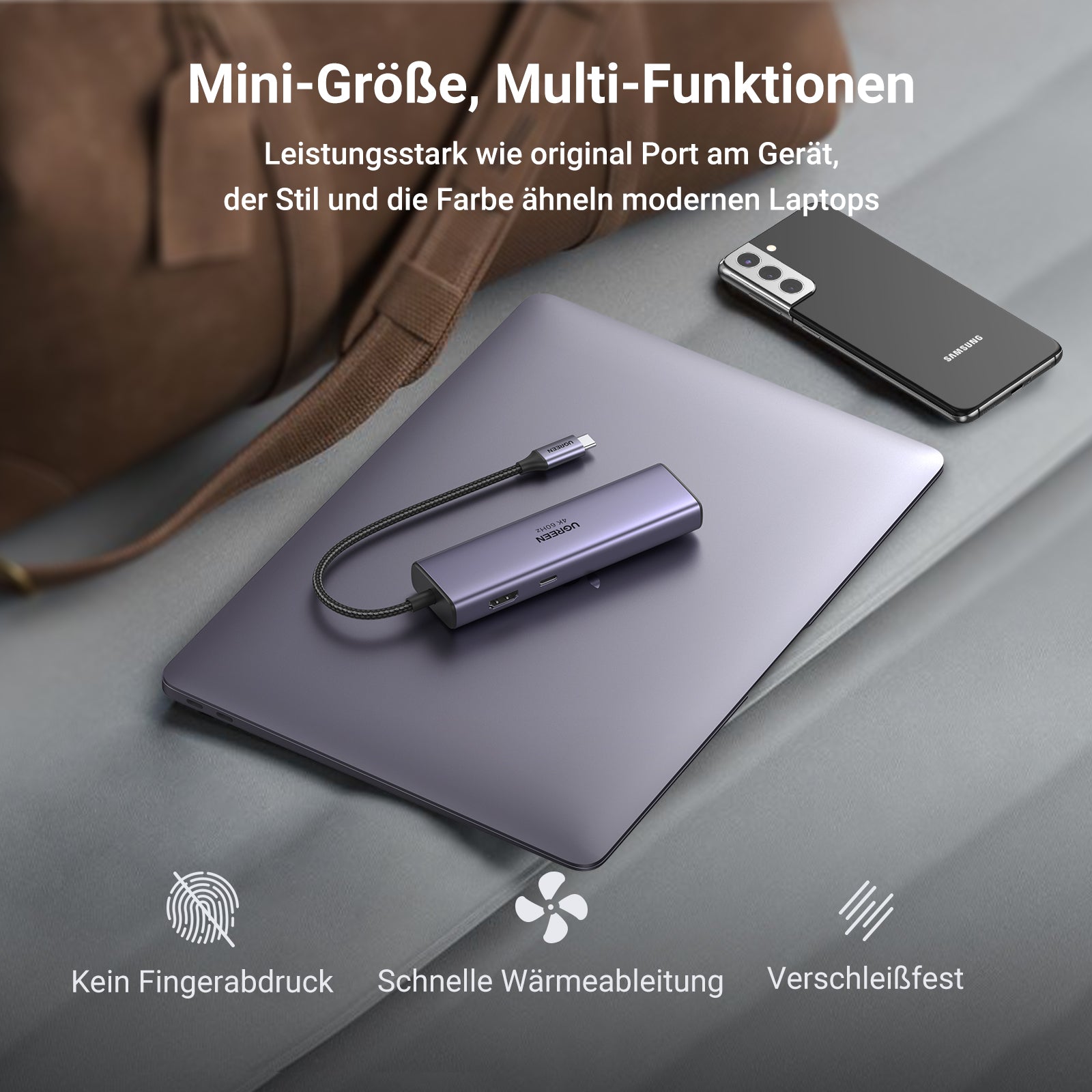 Der UGREEN Revodok HDMI USB-C Hub (7-IN-1, 4K@60Hz, 1000Mbit/s) bietet als kompakte dockingstation ein robustes Mini-Design mit schneller Wärmeableitung, hoher Strapazierfähigkeit und einer stilvollen Optik, die modernen Laptops ähnelt.