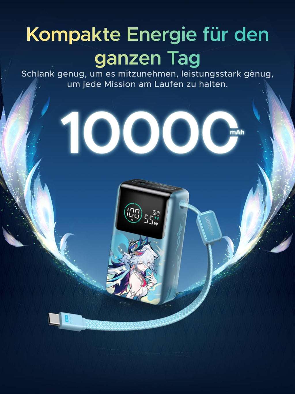 UGREEN x Honkai: Star Rail Edition Power Bank 10000mAh 55W (249g), Cyan | mit 22cm integriertem Kabel, Mi Turbo Charge für Xiaomi, 45W PD Schnellladung Kompatibel mit iPhone, für Reisen
