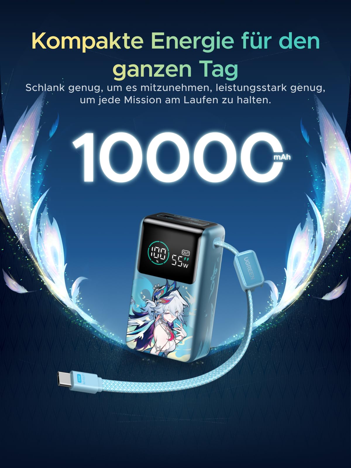 UGREEN x Honkai: Star Rail Edition Power Bank 10000mAh 55W (249g), Cyan | mit 22cm integriertem Kabel, Mi Turbo Charge für Xiaomi, 45W PD Schnellladung Kompatibel mit iPhone, für Reisen