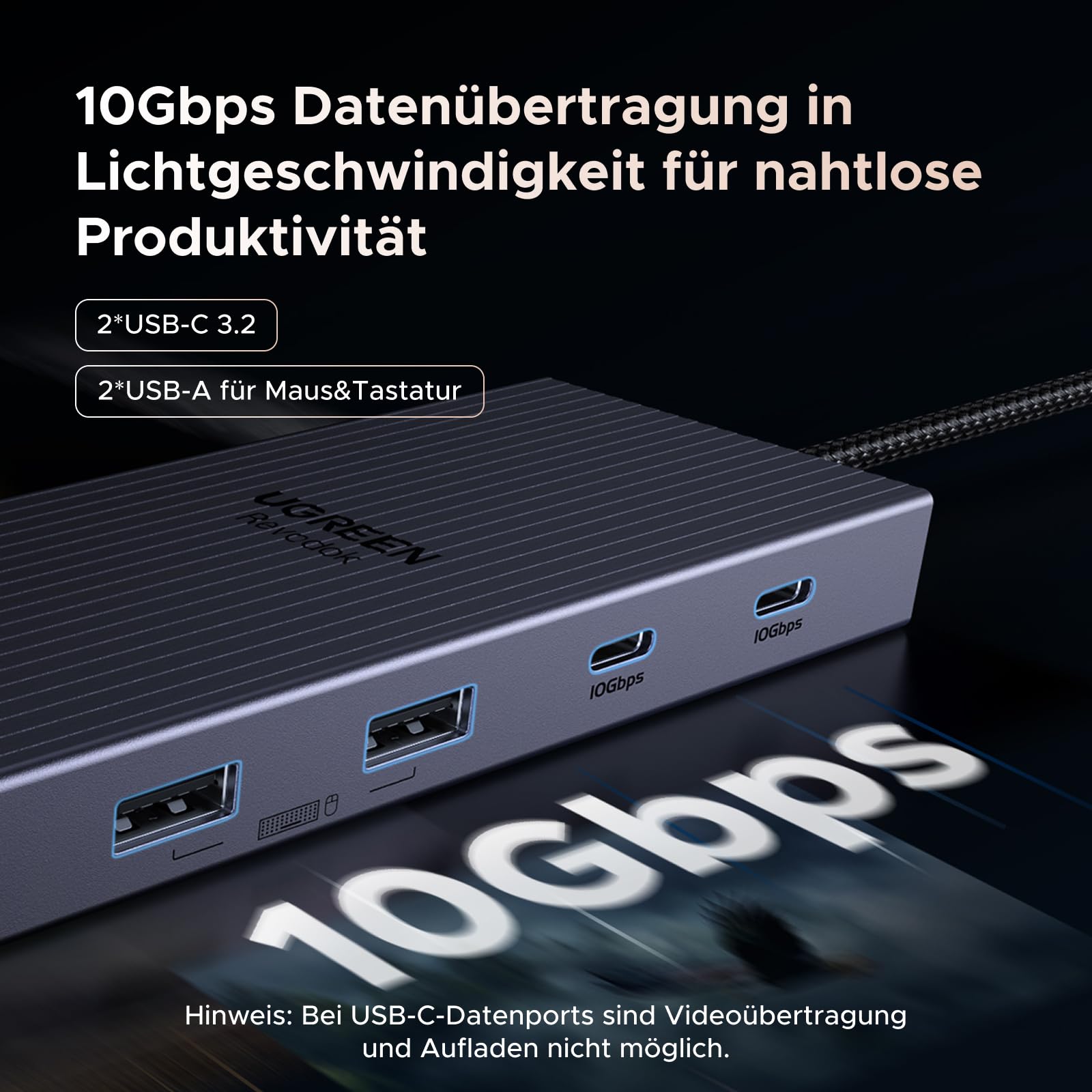 UGREEN Revodok Pro Dockingstation (12-in-1, Triple Display 4K@60Hz, 100W) bietet als USB-C-Hub eine 10Gbps USB-C-3.2-Datenübertragung für schnelle und nahtlose Produktivität.