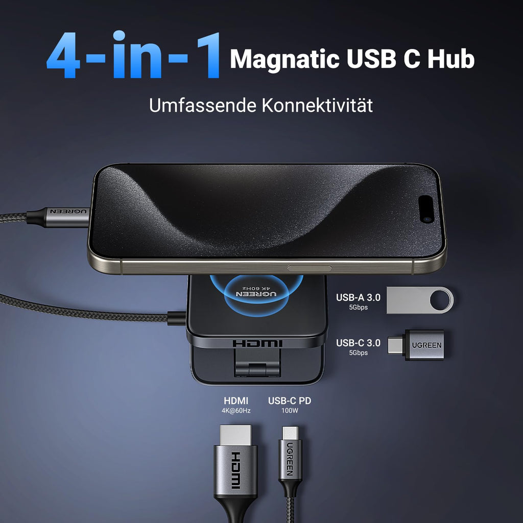 UGREEN Magnetischer USB-C Hub (4-in-1, Faltbarer, 5Gbps, 4K60Hz, 100W) bietet als docking station umfassende Konnektivität über USB-A 3.0, USB-C 3.0, HDMI und 100W PD.