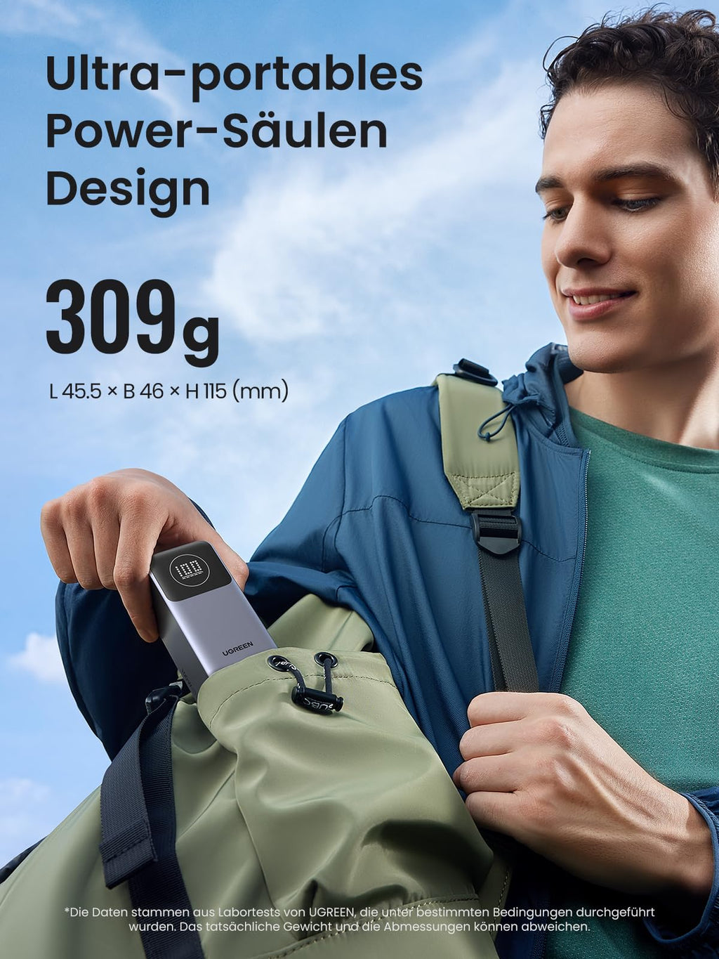 UGREEN Nexode Powerbank 12000mAh 100W zeigt als powerbank ein ultra-portables Power-Säulen-Design mit nur 309 g sowie kompakten Abmessungen von 45,5 × 46 × 115 mm.