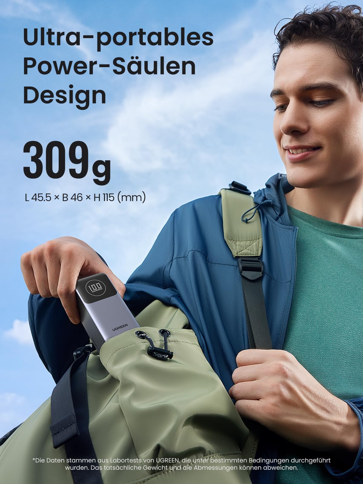 UGREEN Nexode Powerbank 12000mAh 100W zeigt als powerbank ein ultra-portables Power-Säulen-Design mit nur 309 g sowie kompakten Abmessungen von 45,5 × 46 × 115 mm.