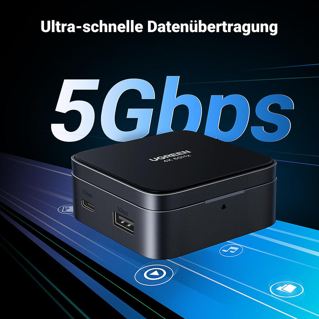 UGREEN Magnetischer USB-C Hub (4-in-1, Faltbarer, 5Gbps, 4K60Hz, 100W) bietet als docking station eine 5Gbps Hochgeschwindigkeits-Datenübertragung für schnelle Datei-, Foto- und Videoübertragungen.
